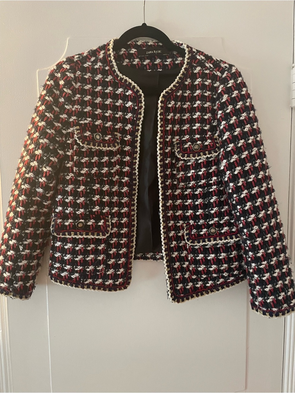 Zara Tweed Blazer Jacket in Black, Red & White